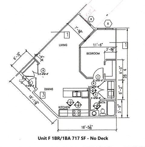Floor plan for 1 bed, 1 bath, 980 sqft